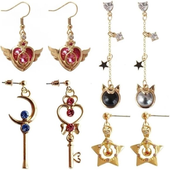 Jewelry - Anime Dangle Earrings Gold Plated Brass Cubic Zirconia Star Moon Heart Women